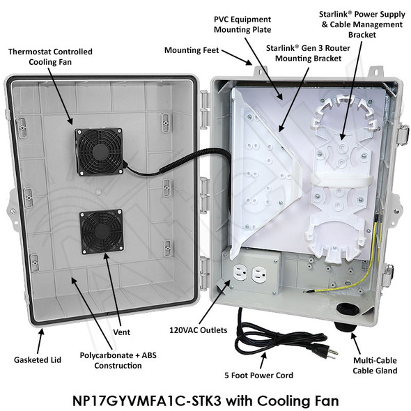 Altelix Fan Cooled Weatherproof Starlink® Gen 3 Enclosure with 120 VAC Outlets and Power Cord