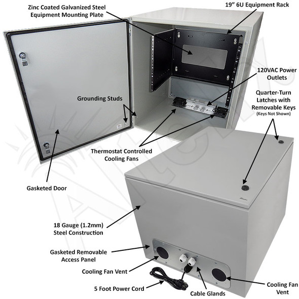 Altelix 28x24x24 Steel Weatherproof NEMA Enclosure with Heavy Duty 19" Adjustable 6U Rack Frame, Dual Cooling Fans, Dual 120 VAC Duplex Outlets and Power Cord
