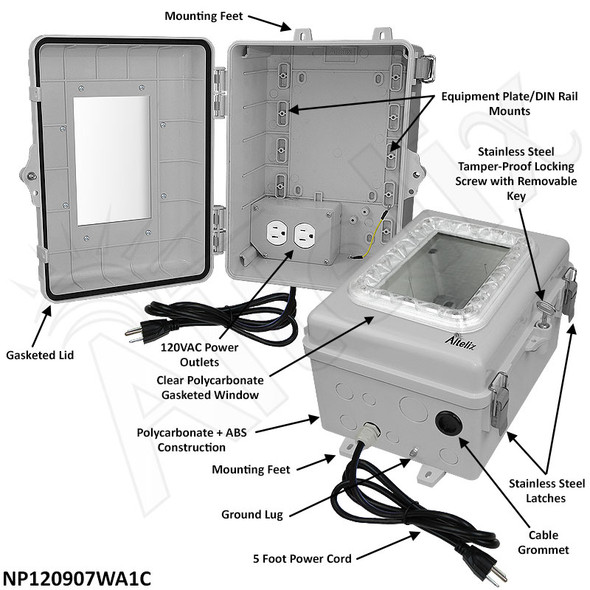Altelix Windowed 120VAC Enclosure - 12x9x7 Polycarbonate + ABS NEMA 4X Enclosure with Window, 120VAC Outlets & Power Cord