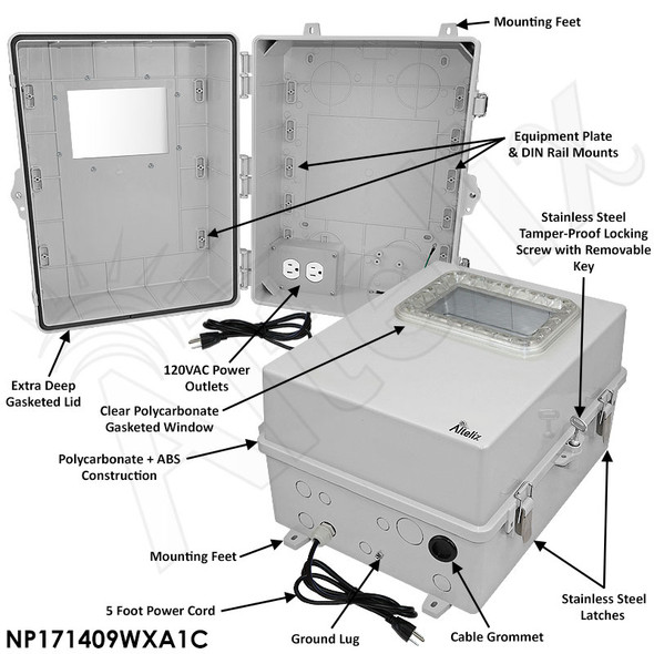 Altelix Windowed 120VAC Enclosure - 17x14x9 Polycarbonate + ABS NEMA 4X Enclosure with Window, 120 VAC Outlets & Power Cord