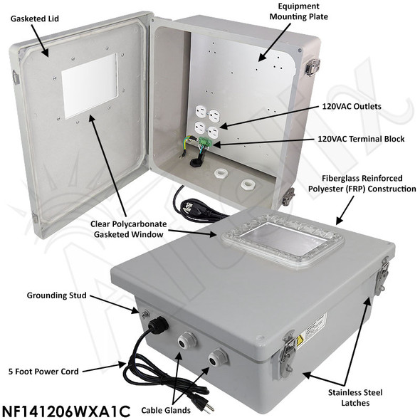 Altelix Windowed Enclosure - 14x12x6 Fiberglass Weatherproof NEMA Enclosure with Window, Aluminum Mounting Plate, 120V Outlets & Power Cord