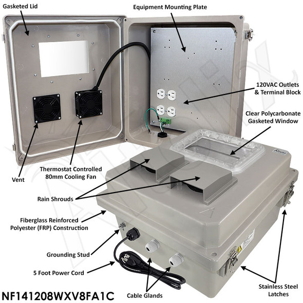 Altelix Fan Cooled Windowed Enclosure - 14x12x8 Fiberglass Weatherproof NEMA Enclosure with Window, Cooling Fan, Aluminum Mounting Plate, 120V Outlets & Power Cord