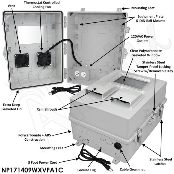 Altelix Fan Cooled Windowed 120VAC Enclosure - 17x14x9 Polycarbonate + ABS NEMA Enclosure with Window, Cooling Fan, 120 VAC Outlets & Power Cord
