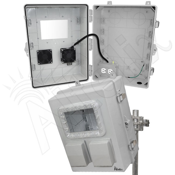 Altelix Fan Cooled Windowed 120VAC Enclosure - 17x14x9 Polycarbonate + ABS NEMA Directional Enclosure with Window, Cooling Fan, Tilt-and-Swivel Mount, 120VAC Outlets & Power Cord