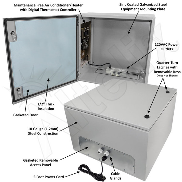 Altelix Air Conditioned Enclosure with Heat - 24x24x16 Steel Weatherproof NEMA 4X Enclosure with 120VAC Power Outlets