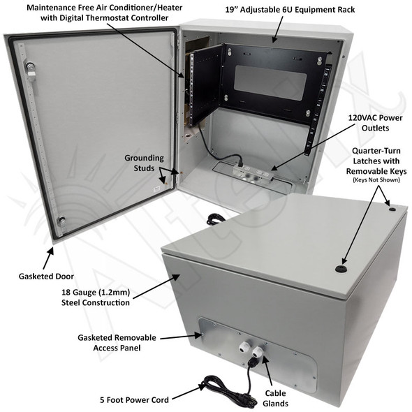 Altelix Air Conditioned Enclosure with Heat and 6U Equipment Rack - 32x24x16 Steel Weatherproof NEMA 4X Rated with 120VAC Power Outlets Altelix Air Conditioned Enclosure with Heat and 6U Equipment Rack - 32x24x16 Steel Weatherproof NEMA 4X Rated with 120VAC Power Outlets