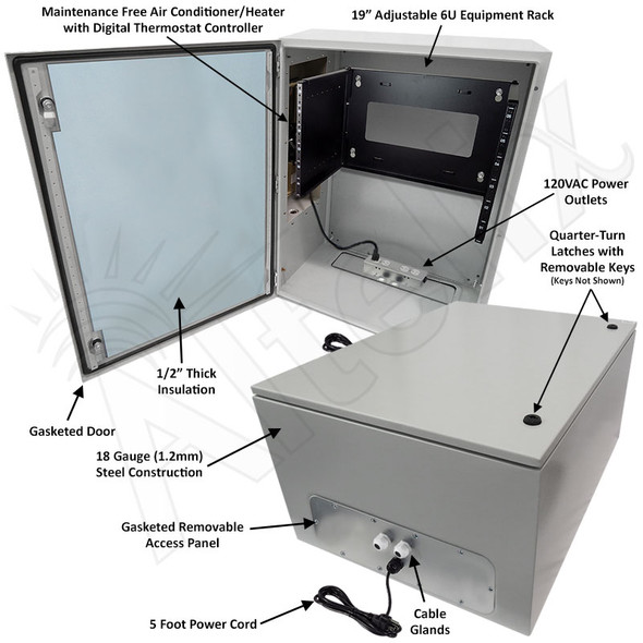 Altelix Air Conditioned Enclosure with Heat and 6U Equipment Rack - 32x24x16 Steel Weatherproof NEMA 4X Rated with 120VAC Power Outlets
