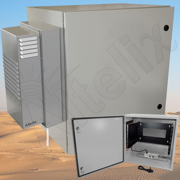 Altelix Air Conditioned Enclosure with Heat and 6U Equipment Rack - 24x24x16 Steel Weatherproof NEMA 4X Rated with 120VAC Power Outlets Altelix Air Conditioned Enclosure with Heat and 6U Equipment Rack - 24x24x16 Steel Weatherproof NEMA 4X Rated with 120VAC Power Outlets