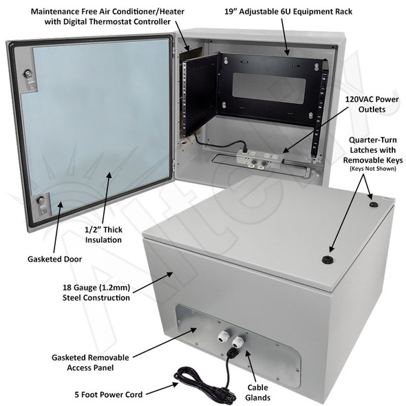 Altelix Air Conditioned Enclosure with Heat and 6U Equipment Rack - 24x24x16 Steel Weatherproof NEMA 4X Rated with 120VAC Power Outlets