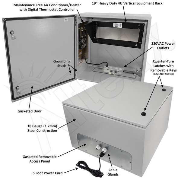Altelix Air Conditioned Enclosure with Heat and 4U Vertical Equipment Rack - 24x24x16 Steel Weatherproof NEMA 4X Rated with 120VAC Power Outlets Altelix Air Conditioned Enclosure with Heat and 4U Vertical Equipment Rack - 24x24x16 Steel Weatherproof NEMA 4X Rated with 120VAC Power Outlets