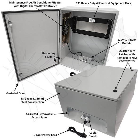 Altelix Air Conditioned Enclosure with Heat and Vertical 4U Equipment Rack - 32x24x16 Steel Weatherproof NEMA 4X Rated with 120VAC Power Outlets Altelix Air Conditioned Enclosure with Heat and Vertical 4U Equipment Rack - 32x24x16 Steel Weatherproof NEMA 4X Rated with 120VAC Power Outlets