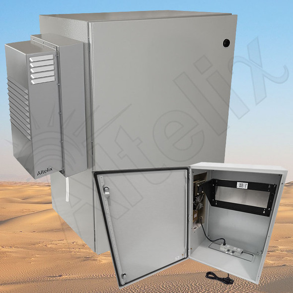 Altelix Air Conditioned Enclosure with Heat and Vertical 4U Equipment Rack - 32x24x16 Steel Weatherproof NEMA 4X Rated with 120VAC Power Outlets Altelix Air Conditioned Enclosure with Heat and Vertical 4U Equipment Rack - 32x24x16 Steel Weatherproof NEMA 4X Rated with 120VAC Power Outlets