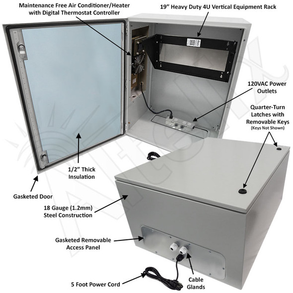 Altelix Air Conditioned Enclosure with Heat and Vertical 4U Equipment Rack - 32x24x16 Steel Weatherproof NEMA 4X Rated with 120VAC Power Outlets