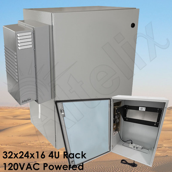 Altelix Air Conditioned Enclosure with Heat and Vertical 4U Equipment Rack - 32x24x16 Steel Weatherproof NEMA 4X Rated with 120VAC Power Outlets