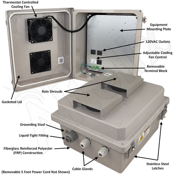 Altelix 14x12x8 Fiberglass Weatherproof Vented NEMA Enclosure with Adjustable Cooling Fan, 120 VAC Outlets & Power Cord