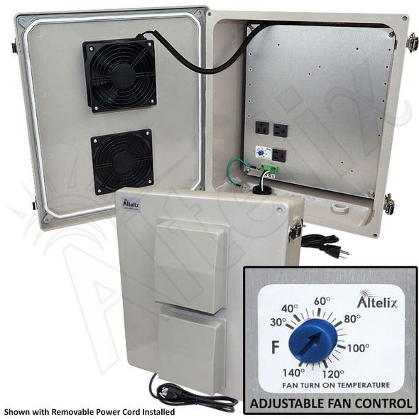 Altelix 14x12x6 Fiberglass Weatherproof Vented NEMA Enclosure with Adjustable Cooling Fan, 120 VAC Outlets & Power Cord