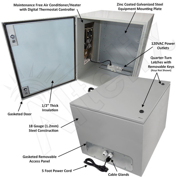 Altelix Air Conditioned Enclosure with Heat - 28x24x24 Steel Weatherproof NEMA 4X Enclosure with 120VAC Power Outlets