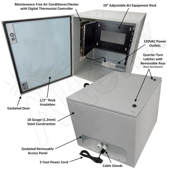 Altelix Air Conditioned Enclosure with Heat and 6U Equipment Rack - 28x24x24 Steel Weatherproof NEMA 4X Rated with 120VAC Power Outlets