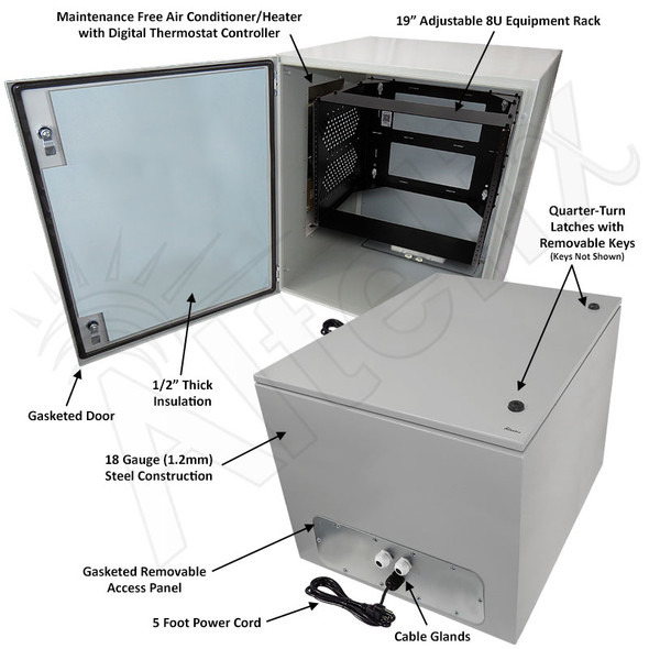 Altelix Air Conditioned Enclosure with Heat and 8U Equipment Rack - 28x24x24 Steel Weatherproof NEMA 4X Rated with 120VAC Power Outlets