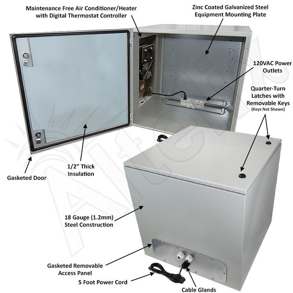Altelix Air Conditioned Enclosure with Heat - 24x24x24 Steel Weatherproof NEMA 4X Enclosure with 120VAC Power Outlets