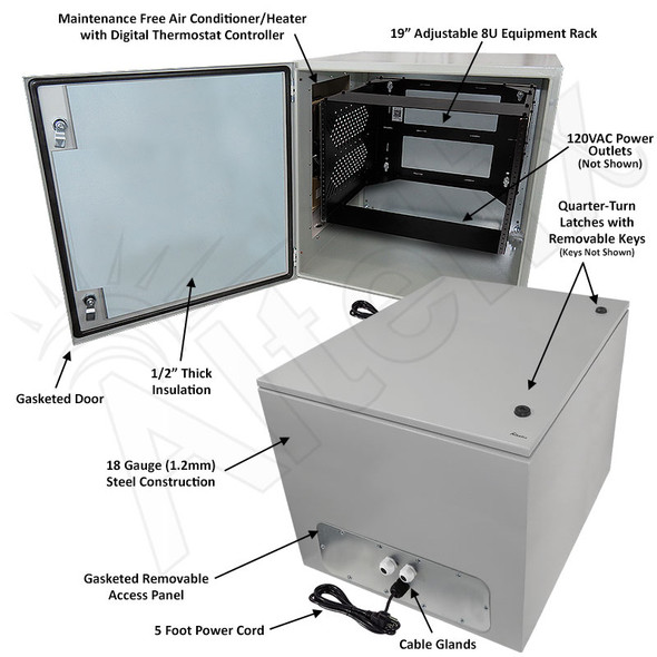 Altelix Air Conditioned Enclosure with Heat and 8U Equipment Rack - 24x24x24 Steel Weatherproof NEMA 4X Rated with 120VAC Power Outlets
