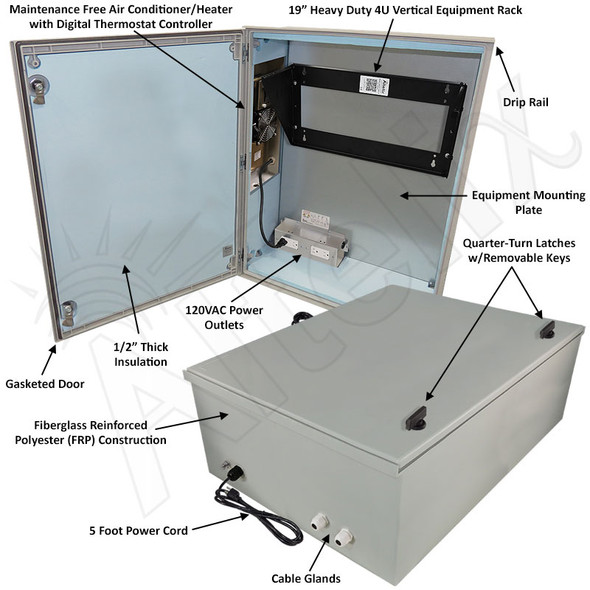 Altelix Air Conditioned Enclosure with Heat and Vertical 4U Equipment Rack - 32x24x12 Fiberglass FRP Weatherproof NEMA 4X Rated with 120VAC Power Outlets