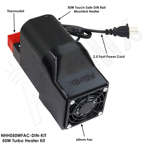 Altelix Turbo Touch-Safe Heater Kit - DIN Rail Mountable with Fan - 50W or 100W with Thermostat, Fan and Power Cord