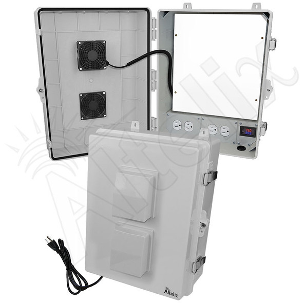 Altelix 17x14x7 Polycarbonate + ABS Vented RF Transparent Outdoor WiFi Enclosure with No-Drill PVC Equipment Mounting Plate, 120 VAC Outlets, Power Cord & Cooling Fan with Digital Temperature Controller
