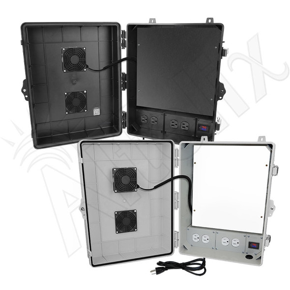 Altelix 17x14x7 Polycarbonate + ABS Vented RF Transparent Outdoor WiFi Enclosure with No-Drill PVC Equipment Mounting Plate, 120 VAC Outlets, Power Cord & Cooling Fan with Digital Temperature Controller