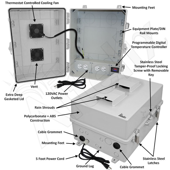 Altelix 17x14x9 Polycarbonate + ABS Vented RF Transparent Outdoor WiFi Enclosure with 120 VAC Outlets,  Power Cord & Cooling Fan with Digital Temperature Controller