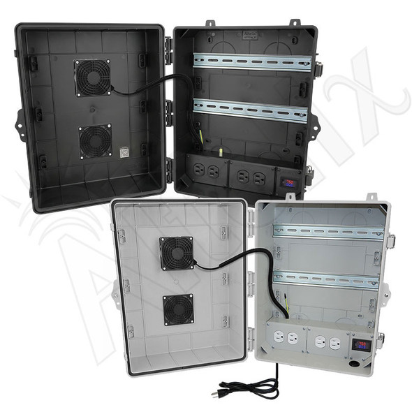 Altelix 17x14x9 Polycarbonate + ABS Vented DIN Rail Enclosure with 120 VAC Outlets, Power Cord & Cooling Fan with Digital Temperature Controller