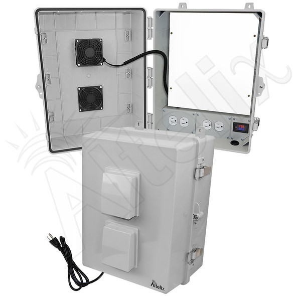 Altelix 17x14x9 Polycarbonate + ABS Vented RF Transparent Outdoor WiFi Enclosure with No-Drill PVC Equipment Mounting Plate, 120 VAC Outlets, Power Cord & Cooling Fan with Digital Temperature Controller