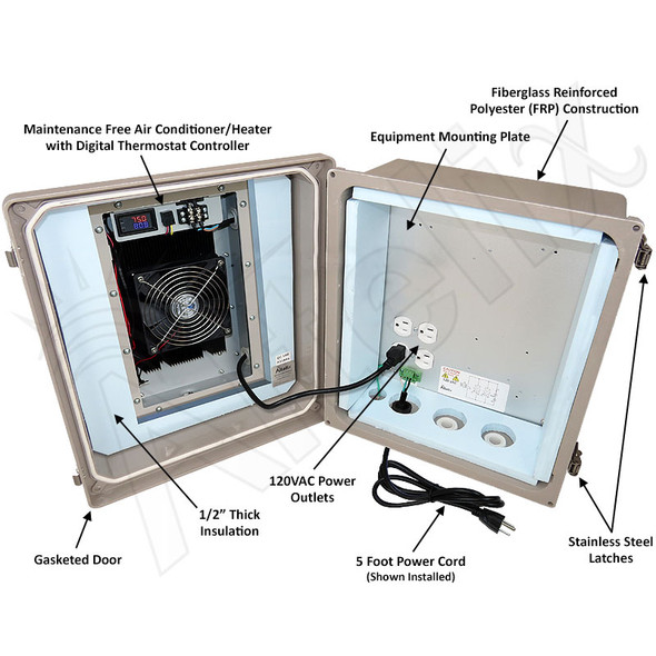 Altelix Air Conditioned Enclosure - 14x12x8 Fiberglass Weatherproof Vented NEMA 4X Enclosure with 120 VAC Outlets