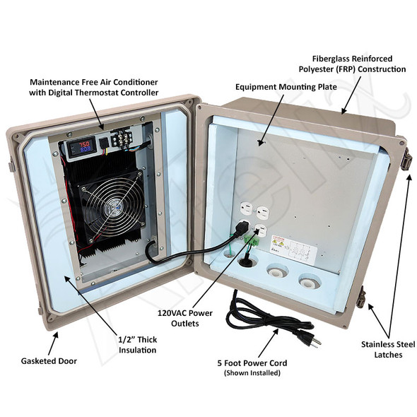 Altelix Air Conditioned Enclosure - 14x12x6 Fiberglass Weatherproof NEMA 4X Enclosure with 120 VAC Outlets