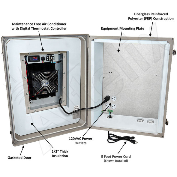 Altelix Air Conditioned Enclosure - 20x16x12 Fiberglass Weatherproof Vented NEMA 4X Enclosure with 120 VAC Outlets