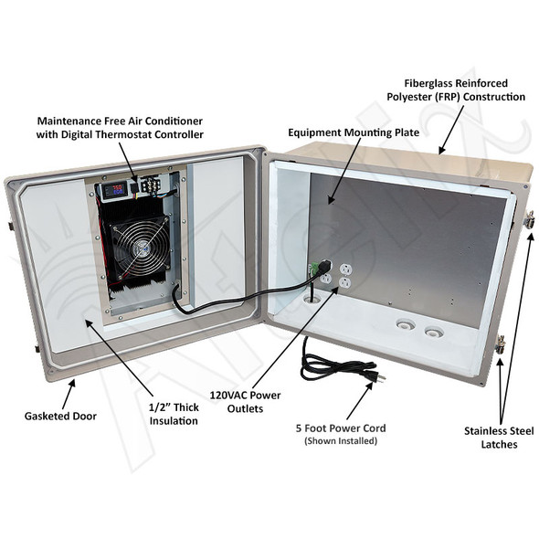 Altelix Air Conditioned Enclosure - 16x20x12 Fiberglass Weatherproof NEMA 4X Enclosure with 120 VAC Outlets