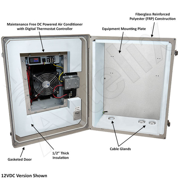 Altelix DC & Solar Powered Air Conditioned Enclosure - 20x16x12 Fiberglass Weatherproof Vented NEMA 4X Rated, 12VDC, 24VDC, 48VDC