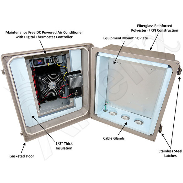 Altelix DC & Solar Powered Air Conditioned Enclosure - 14x12x8 Fiberglass Weatherproof NEMA 4X Rated,  12VDC, 24VDC, 48VDC