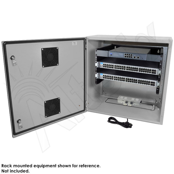 Altelix 24x24x16 Steel Weatherproof NEMA Enclosure with Heavy Duty 19" Wide Adjustable 6U Rack Frame, Dual Door Mounted Vents, Dual 120 VAC Duplex Outlets and Power Cord