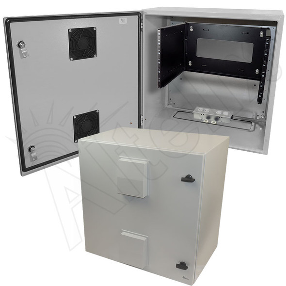Altelix 24x24x16 Steel Weatherproof NEMA Enclosure with Heavy Duty 19" Wide Adjustable 6U Rack Frame, Dual Door Mounted Vents, Dual 120 VAC Duplex Outlets and Power Cord