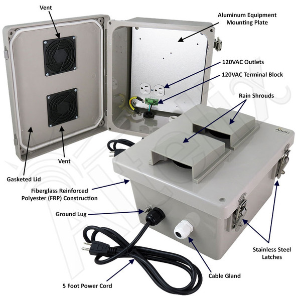 Altelix 10x8x6 Vented Fiberglass Weatherproof NEMA 4X Enclosure with Aluminum Equipment Mounting Plate, 120VAC Outlets and Pre-Wired Power Cord