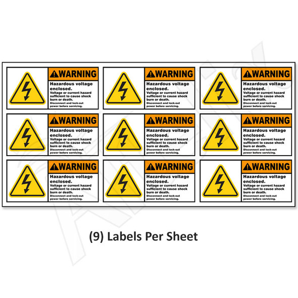 Hazardous Voltage Warning Label - Weatherproof PVC 4 x 2 Inch - 9-Pack