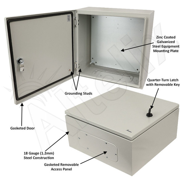 Altelix 16x16x8 Steel NEMA 4x / IP66 Weatherproof Equipment Enclosure with Blank Steel Equipment Mounting Plate