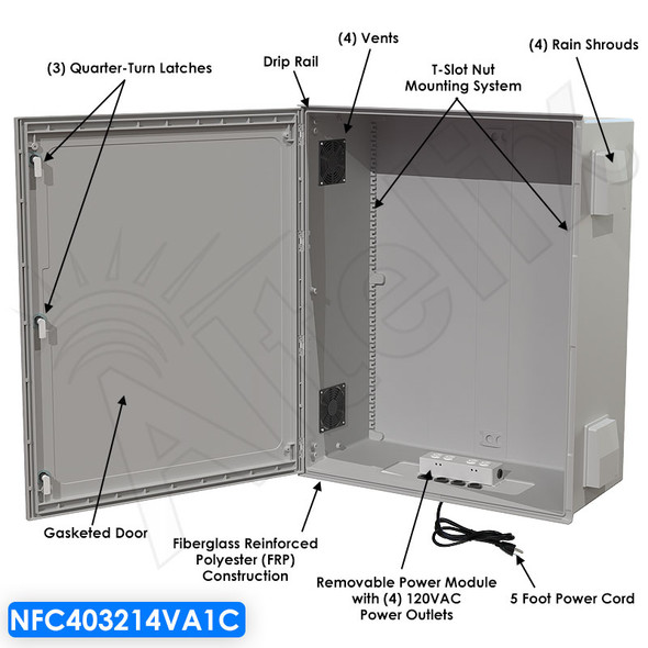 Altelix 40x32x14 Vented Fiberglass NEMA Weatherproof Enclosure with 120VAC Outlets & Power Cord