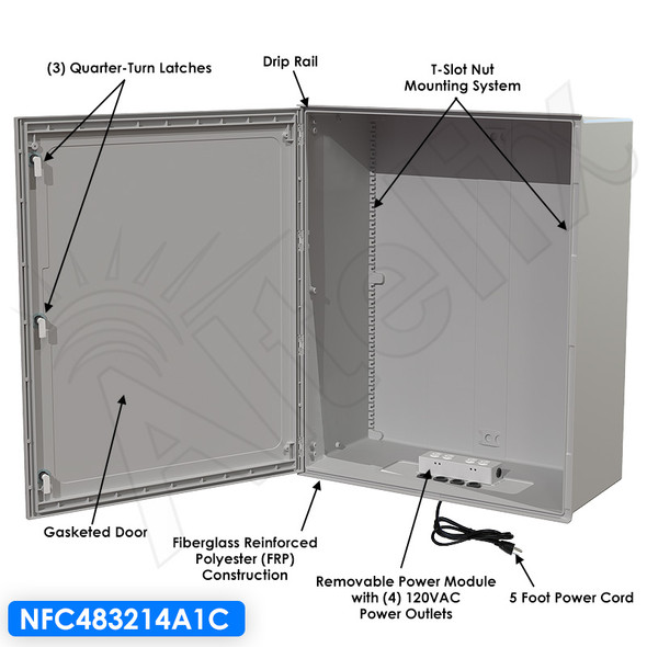 Altelix 48x32x14 NEMA 4X Fiberglass Weatherproof Enclosure with 120VAC Outlets & Power Cord