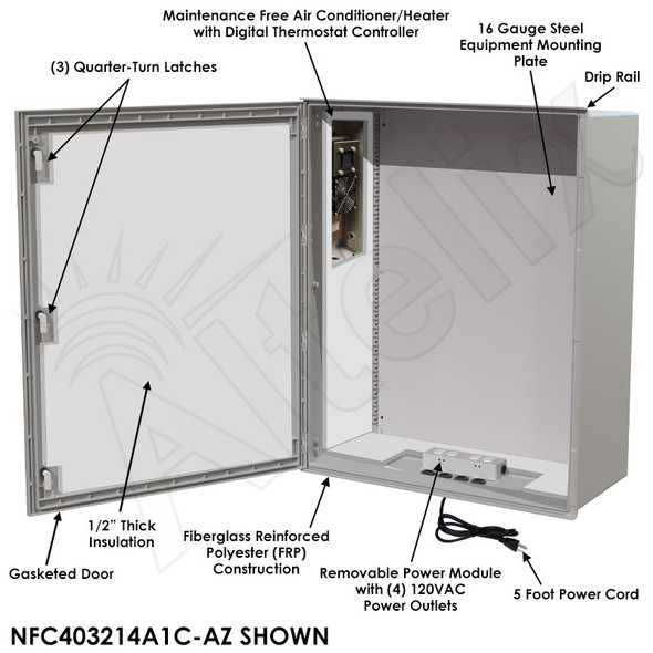 Altelix Air Conditioned Enclosure with Heat - 40x32x14 Fiberglass FRP Weatherproof NEMA 4X Rated with 120VAC Power Outlets