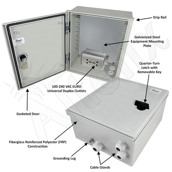 Altelix 12x10x6 NEMA 4X Fiberglass Weatherproof Enclosure with Equipment Mounting Plate & 100-240 VAC Universal Power Outlet