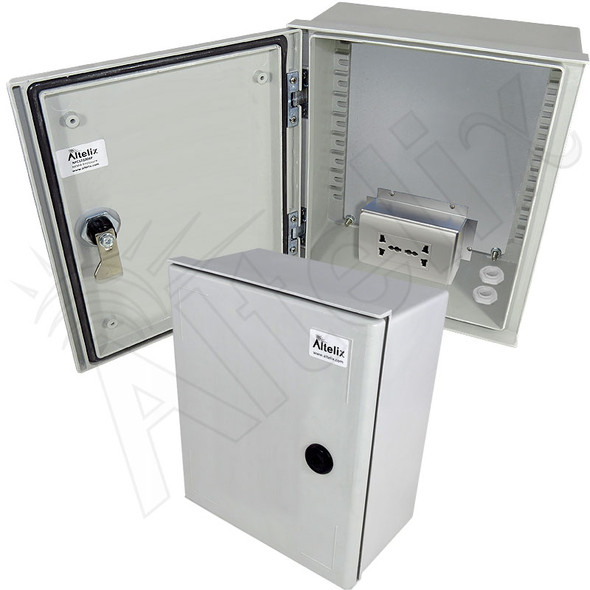 Altelix 12x10x6 NEMA 4X Fiberglass Weatherproof Enclosure with Equipment Mounting Plate & 100-240 VAC Universal Power Outlet