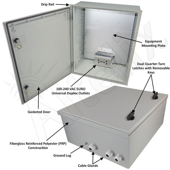 Altelix 20x16x8 NEMA 4X Fiberglass Weatherproof Enclosure with Equipment Mounting Plate & 100-240 VAC Universal Power Outlet