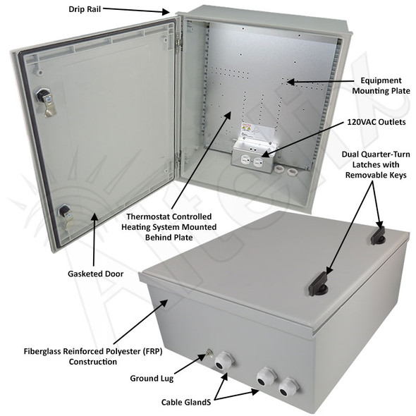 Altelix 20x16x8 Fiberglass FRP NEMA 4X / IP66 Heated Weatherproof Equipment Enclosure with Equipment Mounting Plate and 120VAC Outlets